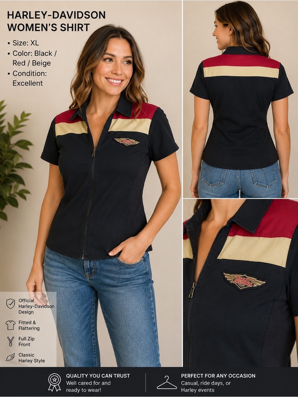 Harley-Davidson Navy Short Sleeve Button-Down with Red and Cream Shoulder Panels